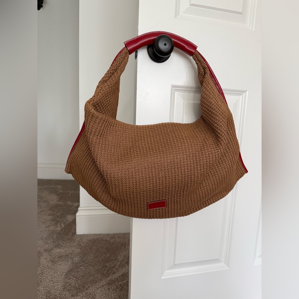 Staud Brown Knit Raffia Shoulder Bag with Red Trim
